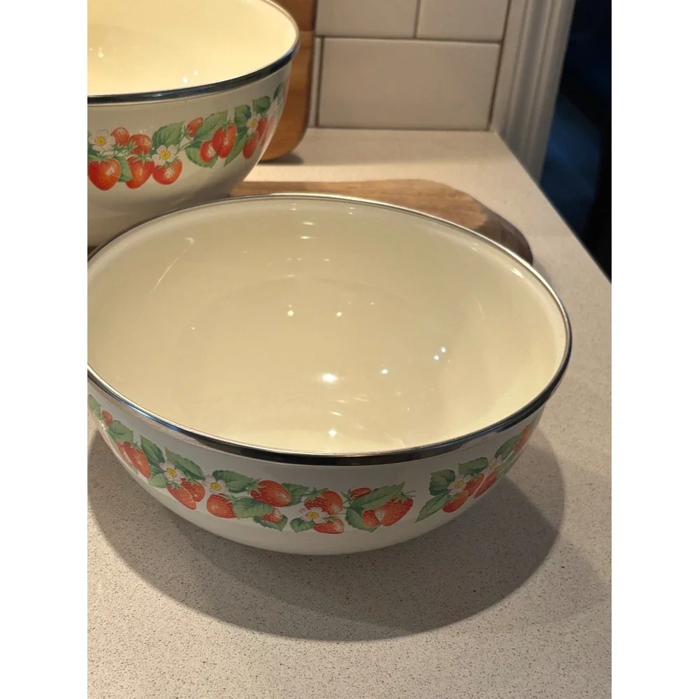 Vintage Kobe Kitchen Enamel Strawberry Nesting Mixing Bowls Set of 3 Japan